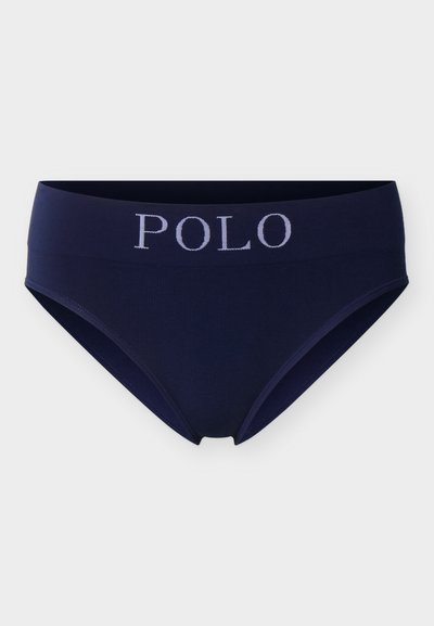 Culottes pour femme bleu marine avec une large ceinture et le logo "POLO" centré en texte bleu clair.
