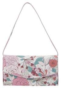 Floral clutch bag with a pink, white, and green pattern, featuring a flap closure and a long strap for hand-free carrying.