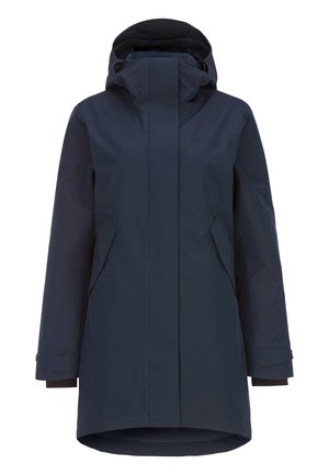 Marineblauwe waterdichte parka met een hoge kraag, verstelbare capuchon, twee zijzakken en contrasterende binnenvoering; gladde textuur en minimalistisch ontwerp.