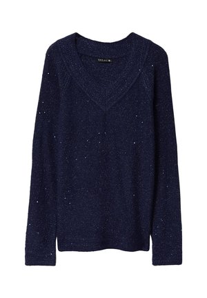 Middengrijze trui met een V-hals, lange mouwen en een gestructureerd breipatroon versierd met subtiele blauwe spikkels.