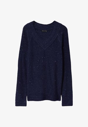 Pull marin avec un col en V, des manches longues et un design en tricot texturé agrémenté de subtiles éclaboussures bleues partout.