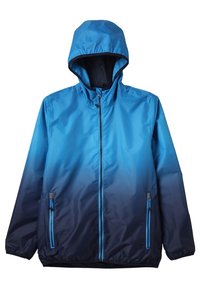 Blauwe hoodie met een ombre ontwerp dat overgaat van lichtblauw naar donkerblauw, met een ritssluiting aan de voorkant en twee ritszakken aan de zijkanten.