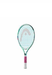 Lichtgroene tennisracket met een bloemenpatroon op het frame, blauwe snaren, en een roze handvat met witte bloemaccenten.