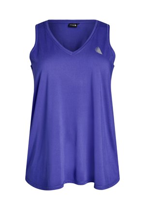 Canotta atletica viola senza maniche con scollo a V e piccolo logo bianco sul petto in alto a sinistra.