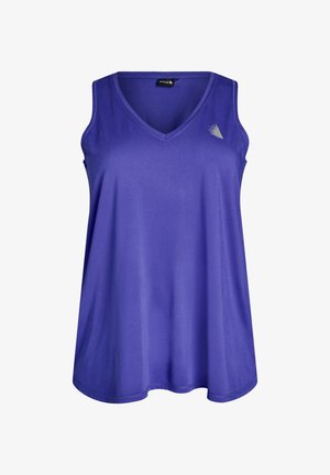 Canotta atletica viola senza maniche con scollo a V e piccolo logo bianco sul petto in alto a sinistra.