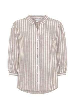 Beige-weiß gestreifte, langärmelige Bluse mit Knopfleiste, rundem Kragen und leicht aufgepufften Ärmeln.