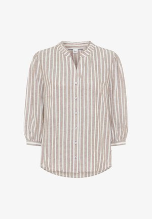 Beige-weiß gestreifte, langärmelige Bluse mit Knopfleiste, rundem Kragen und leicht aufgepufften Ärmeln.