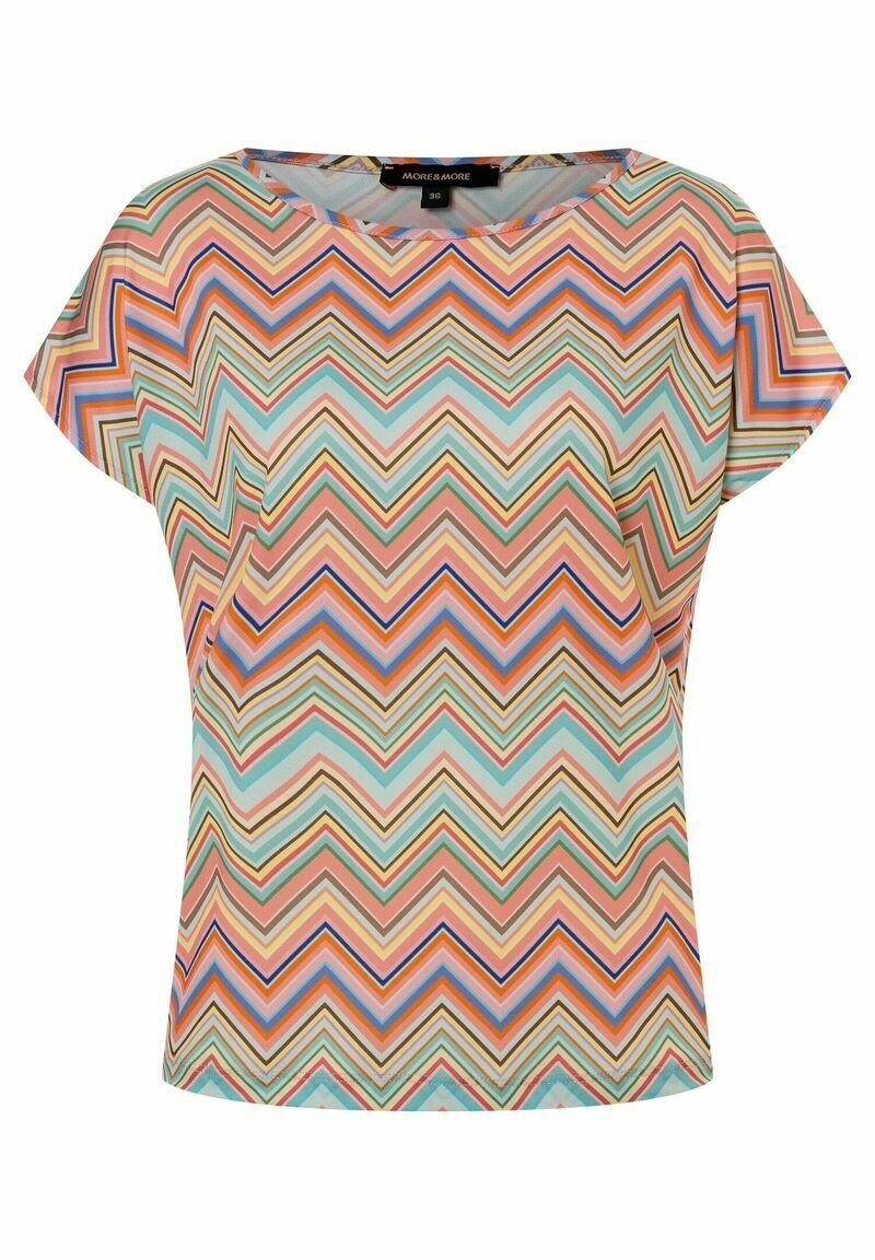 Top de manga corta con un patrón zigzagueante multicolor en tonos pastel, con un corte relajado y una textura de tela suave.