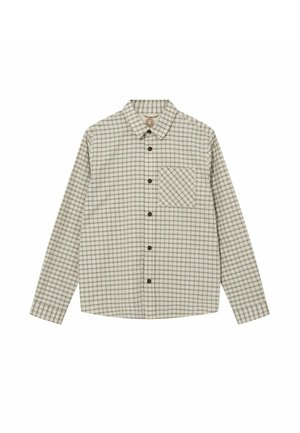 Košulja s dugim rukavima na kopčanje s bijelim i zelenim kariranim uzorkom i jednom dijagonalnom džepom na lijevoj strani grudi.
