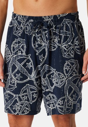 Shorts de bain navy avec une taille élastique, un cordon de serrage et un motif de étoiles blanches et circulaires. Tissu léger et à séchage rapide.