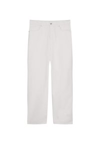 Pantaloni in denim bianco con taglio dritto, dotati di chiusura con bottone frontale, due tasche laterali e una texture liscia.