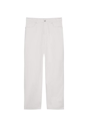 Pantaloni in denim bianco con taglio dritto, dotati di chiusura con bottone frontale, due tasche laterali e una texture liscia.