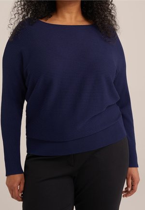 Navy blue ribbed sweater with a wide boat neckline and long sleeves, featuring a relaxed fit and a slightly curved hemline.
