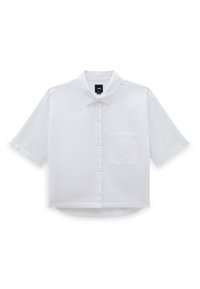 Camisa blanca de botones de manga corta hecha de algodón. Con un bolsillo de parche en el lado izquierdo del pecho y un dobladillo recto. Textura de tejido suave.