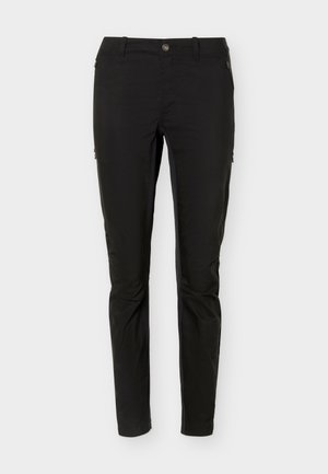 Μαύρο στενό παντελόνι με κούμπωμα με κουμπί και φερμουάρ, θηλιές για ζώνη και πλαϊνές τσέπες, παρουσιάζεται πάνω σε λευκό φόντο.