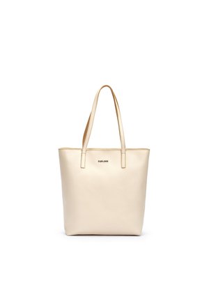 Bolso tote de cuero color crema con dos asas para los hombros y un pequeño logo metálico de la marca en el centro delantero.