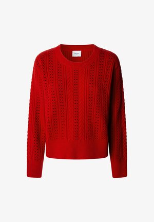 Pullover vermelho de malha com padrões de tranças e rendas, gola redonda e punhos e bainha canelados, exibido de frente sobre um fundo branco.
