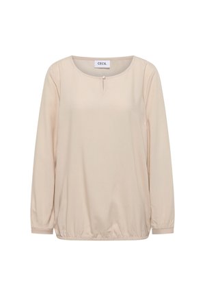 Beige Bluse mit langen Ärmeln, Rundhalsausschnitt, Knopfdetail und elastischem Saum. Glatte Textur und lässige Passform sorgen für Komfort.