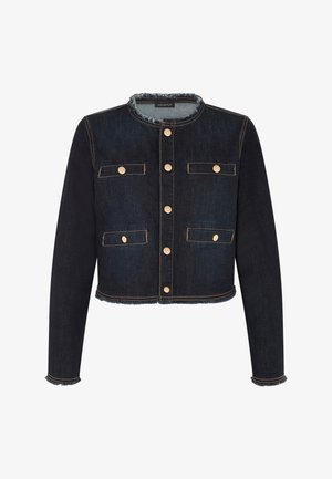 Donker denim cropped jack met knopen aan de voorkant, ronde kraag, vier klepzakken met knopen en rafelige randen aan kraag en zoom.