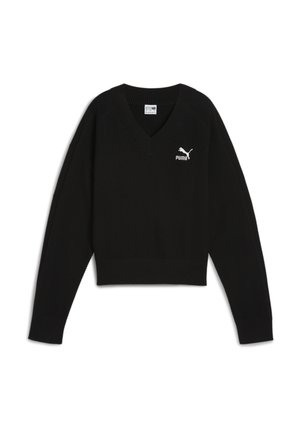 Crni pleteni pulover s V-izrezom, koji ima rebrasti rub i dugi rukavi. Bijeli Puma logo na lijevoj strani prsnog koša. Teksturalni riblji kost obrazac.