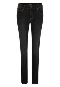 Jeans in denim nero con vestibilità slim, design a cinque tasche e cuciture in contrasto. Presentano un sistema di chiusura a bottone e passanti per la cintura.