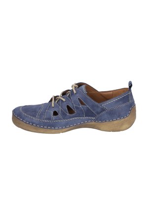 Blaues Leder Schuh mit Ausschnitt-Design, beigen Schnürsenkeln und genähten Akzenten; verfügt über eine abgerundete Spitze und eine hellbraune Gummisohle.