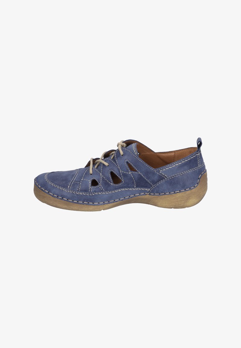 Blue leather shoe with cut-out design, beige laces, and stitched accents; features a rounded toe and a light brown rubber sole.