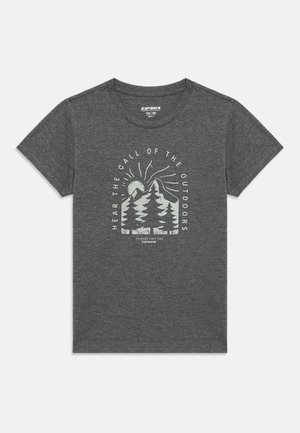 Gray short-sleeve t-shirt made of a soft material featuring a graphic design of trees and a sun, with the text "HEAR THE CALL OF THE OUTDOORS."