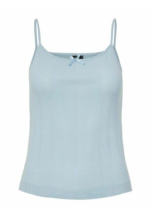 Vaaleansininen neulottu hihaton paita ohutolkaimilla, jossa on pieni nauhakoriste kaula-aukossa ja teksturoitu pystysuuntainen raidallinen kuvio.