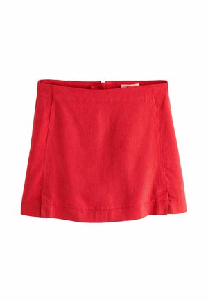 Fustă roșie cu un design drept, fabricată dintr-un material ușor. Dispune de un fermoar la spate și cusături curate și simple pentru un finisaj elegant.