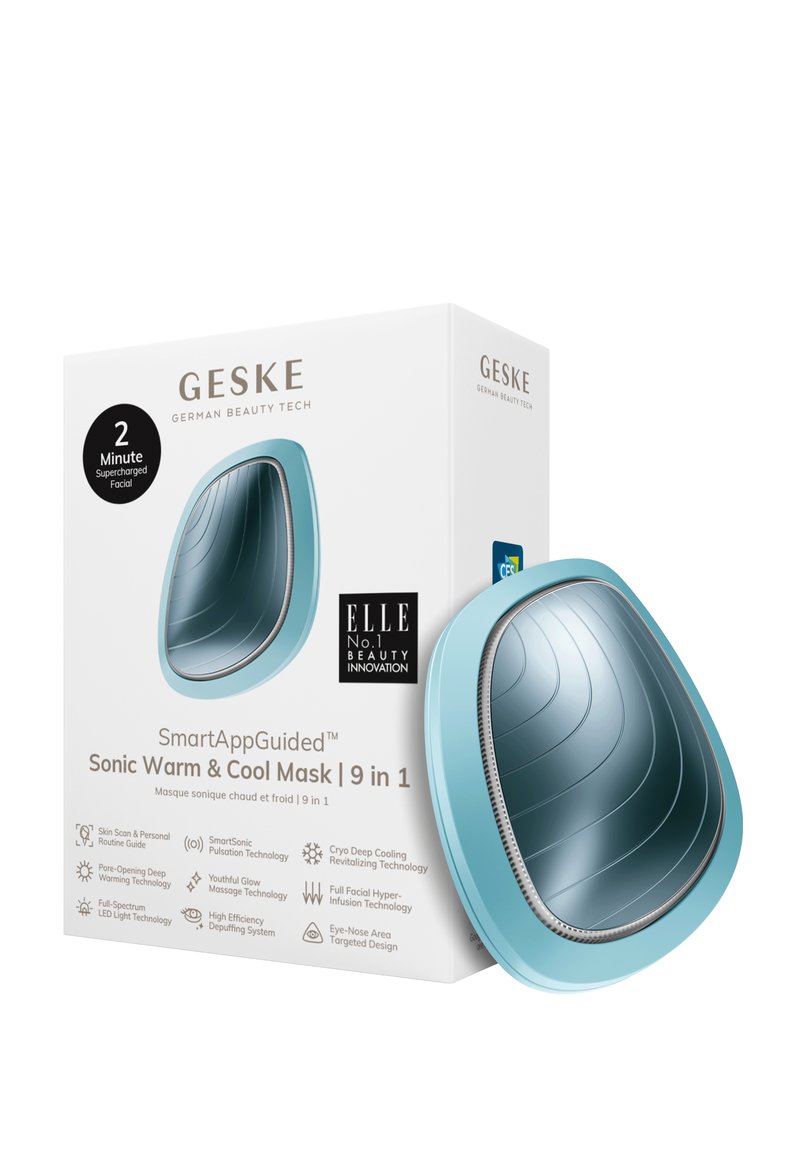 Sonic Warm & Cool Maske i blå med buet form, tekstureret sølv inderside og emballage, der viser produktdetaljer og priser.