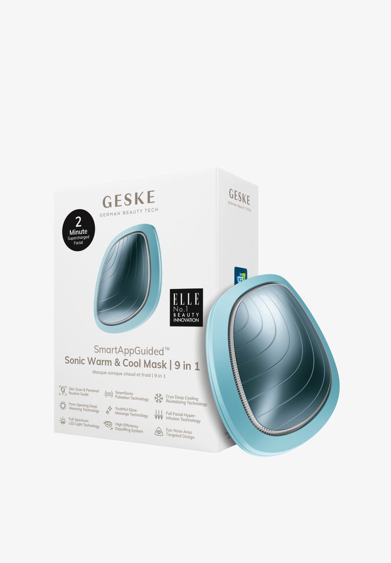 Sonic Warm & Cool Mask in blauw met een gebogen vorm, een gestructureerde zilveren binnenkant en verpakking met productdetails en prijzen.