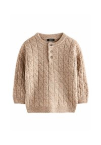 Pull en maille épaisse de couleur beige clair, avec trois boutons au niveau du col, col rond, et manches longues avec des poignets et un ourlet côtelés.