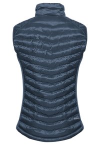 Marineblaue ärmellose Weste mit hohem Kragen. Chevron-gepolstertes Design, glänzende Textur und ein Saum, der sich am Boden leicht krümmt.