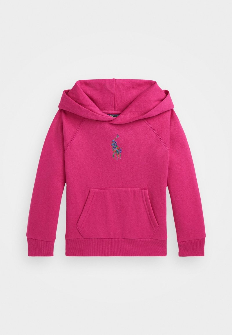Hoodie fuchsia avec une grande capuche, poche kangourou à l'avant et logo multicolore brodé sur la poitrine. Poignets et ourlet côtelés.