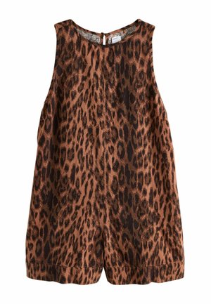 Ärmelloser braun-schwarz gemusterter Leoparden-Overall mit rundem Ausschnitt und Knopfverschluss am Rücken.