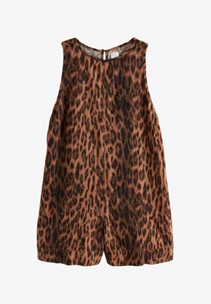 Ujjatlan barna és fekete leopárdmintás overál kerek nyakkivágással és hátul gombos záródással.