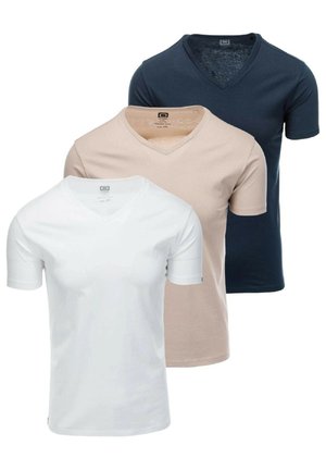 Drie v-hals t-shirts: wit, beige en marineblauw. Gemaakt van zachte stof met korte mouwen en een relaxte pasvorm. Eenvoudig en strak ontwerp.