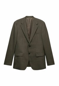 Jacket w kolorze oliwkowym wykonany z teksturowanej tkaniny, z dwiema przednimi kieszeniami, z wyłogami i zapięciem na pojedynczy guzik.