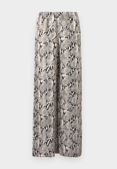 Hosen mit weitem Bein, beige-schwarzem Schlangenprint-Muster, elastischem Bund und lockerem Schnitt.