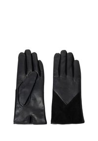 Czarne skórzane rękawiczki z zamszowym akcentem. Elegancki design z diagonalnym wzorem na mankiecie i gładkim wykończeniem na palcach.