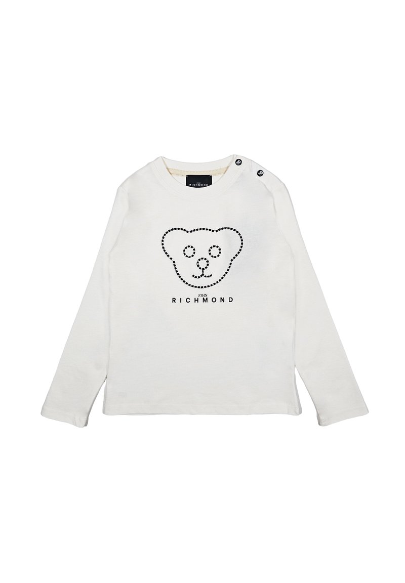 Una camicia bianca di cotone a maniche lunghe con una grafica di un orso nero e il nome del marchio al centro, con dettagli a bottoni a pressione sulle spalle.