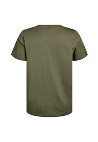 Olijfgroene katoenen t-shirt met een ronde hals en korte mouwen. Glad textuur met een eenvoudig, onversierd ontwerp op de achterkant.