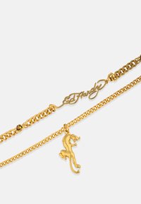 Złoty naszyjnik z dwoma łańcuchami: jeden z logo "Ed Hardy", a drugi z zawieszką w kształcie skaczącego kota. Gładka tekstura, błyszczące wykończenie.