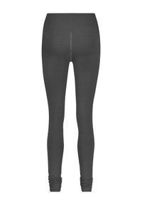 Dehnbare, charcoal-graue Leggings mit einem hohen Bund. Glatte Textur und taillierte Passform, mit gerafften Beinabschlüssen. Ideal für Sportbekleidung.