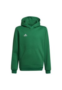 Sudadera verde con capucha, hecha de tela suave, que cuenta con un bolsillo frontal y un pequeño logo gris de Adidas en la parte superior izquierda.