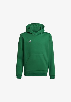 Sudadera verde con capucha, hecha de tela suave, que cuenta con un bolsillo frontal y un pequeño logo gris de Adidas en la parte superior izquierda.