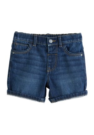 Mørkeblå denimshorts med opkrogede kanter, elastik i taljen, forreste knap og fem-lommers design.