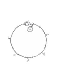 Pulsera de plata con un diseño de cadena, que presenta encantos de estrella y luna creciente, un cierre de langosta y una etiqueta de logo circular.