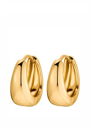 Paar polierte goldene Creolen mit dickem, leicht gebogenem Design und glatter reflektierender Oberfläche.